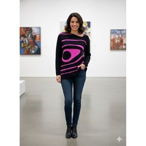 Black‎ Pink Abstract Eye Print Long Sleeve Knit Sweater Top XL